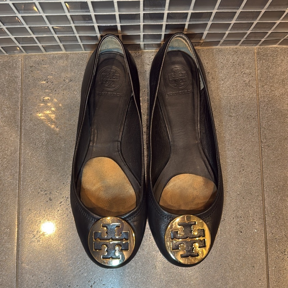 Tory Burch Black Ballet Slippers with Shiny Gold Logo Accent